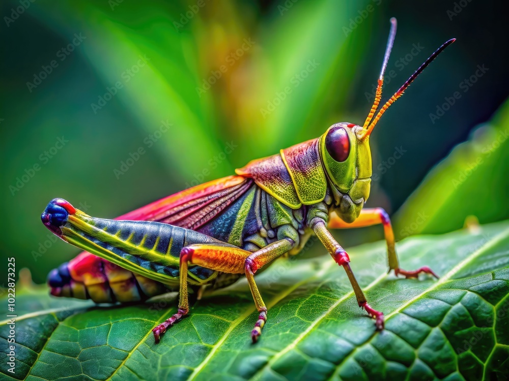 Vibrant Grasshopper on Green Leaf Highlighting Nature's Beauty in a Close-Up Macro Perspective Vibrant Grasshopper on Green Leaf Highlighting Nature's Beauty in a Close-Up Macro Perspective