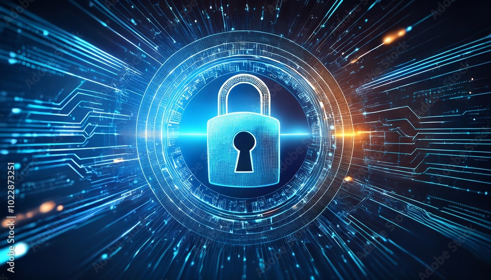 A digital lock symbol surrounded by blue light and circuits, representing cybersecurity and data protection. A digital lock symbol surrounded by blue light and circuits, representing cybersecurity and data protection.