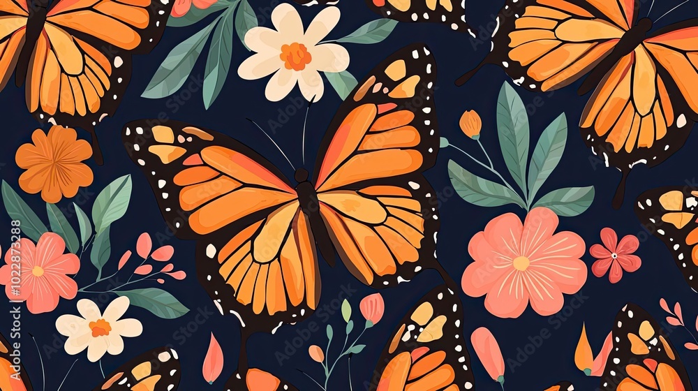 A vibrant floral pattern featuring orange butterflies and colorful flowers on a dark background, perfect for nature-themed designs. A vibrant floral pattern featuring orange butterflies and colorful flowers on a dark background, perfect for nature-themed designs.