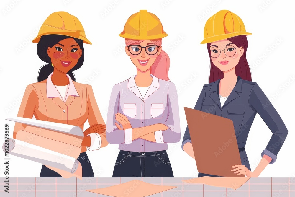 Three women are standing confidently in hard hats, engaged in a construction project while holding blueprints, documents, and materials to illustrate teamwork and professionalism. Three women are standing confidently in hard hats, engaged in a construction project while holding blueprints, documents, and materials to illustrate teamwork and professionalism.