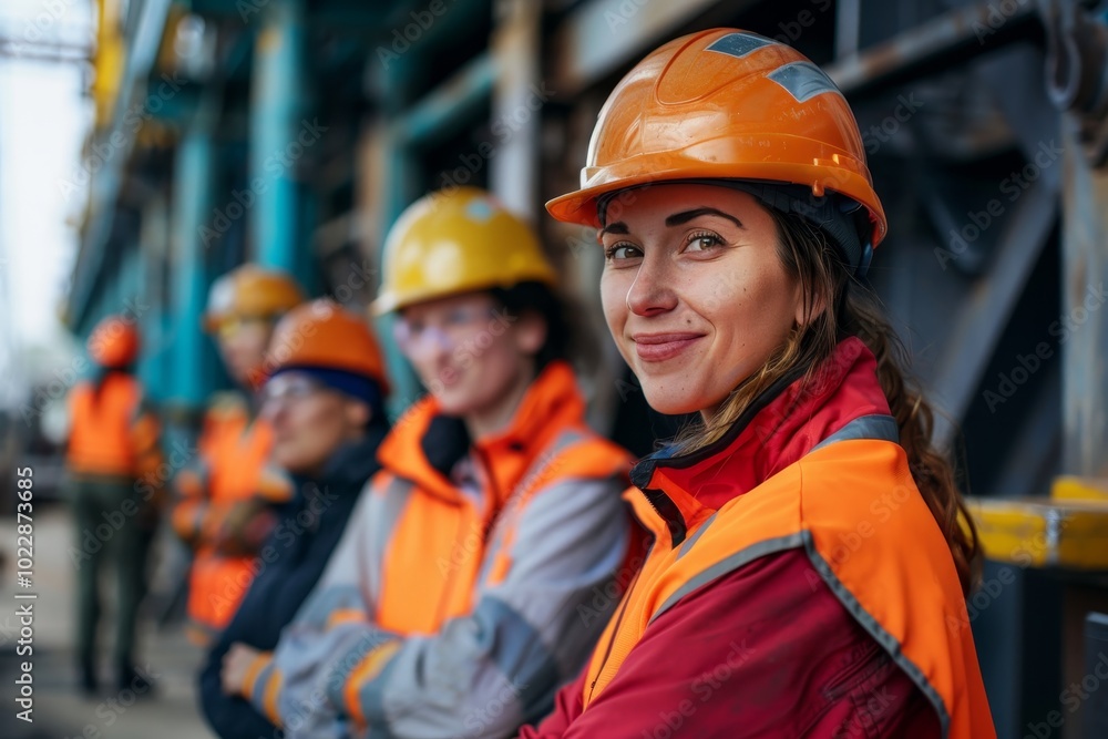 Industrial workers dressed in safety attire gather at a construction site, engaged in discussions and showcasing teamwork while wearing hard hats in bright sunlight. Industrial workers dressed in safety attire gather at a construction site, engaged in discussions and showcasing teamwork while wearing hard hats in bright sunlight.