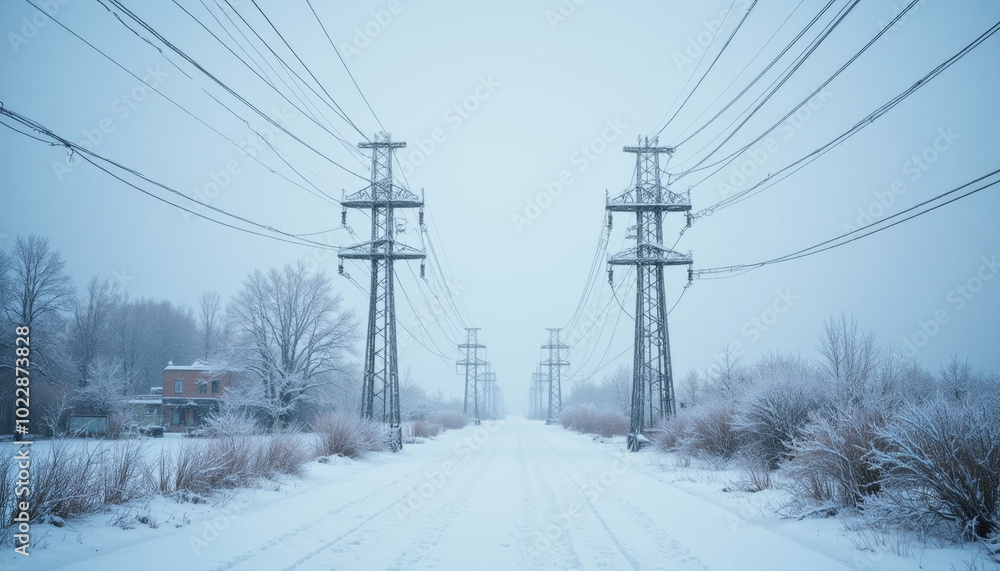 Snow-Covered Power Lines in a Rural Winter Scene Snow-Covered Power Lines in a Rural Winter Scene