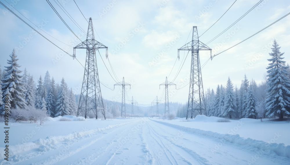 Power Lines Stretching Over Snow-Covered Winter Landscape Power Lines Stretching Over Snow-Covered Winter Landscape