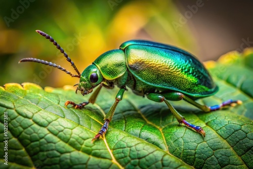 Vibrant Green Beetle Crawling on Leaf in Natural Habitat with Soft Focus Background Elements