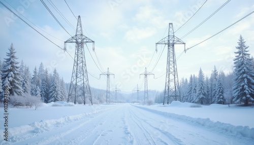 Power Lines Stretching Over Snow-Covered Winter Landscape