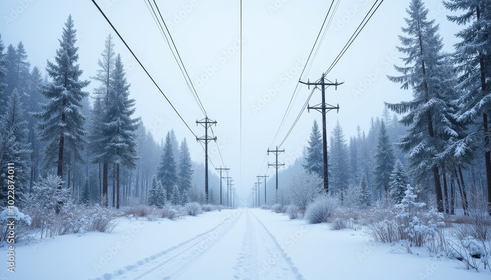 Power Lines in Snowy Forest with Frosted Trees Power Lines in Snowy Forest with Frosted Trees