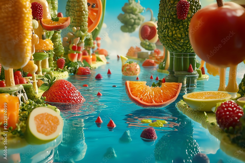 Naklejka premium Surreal fruit landscape with water