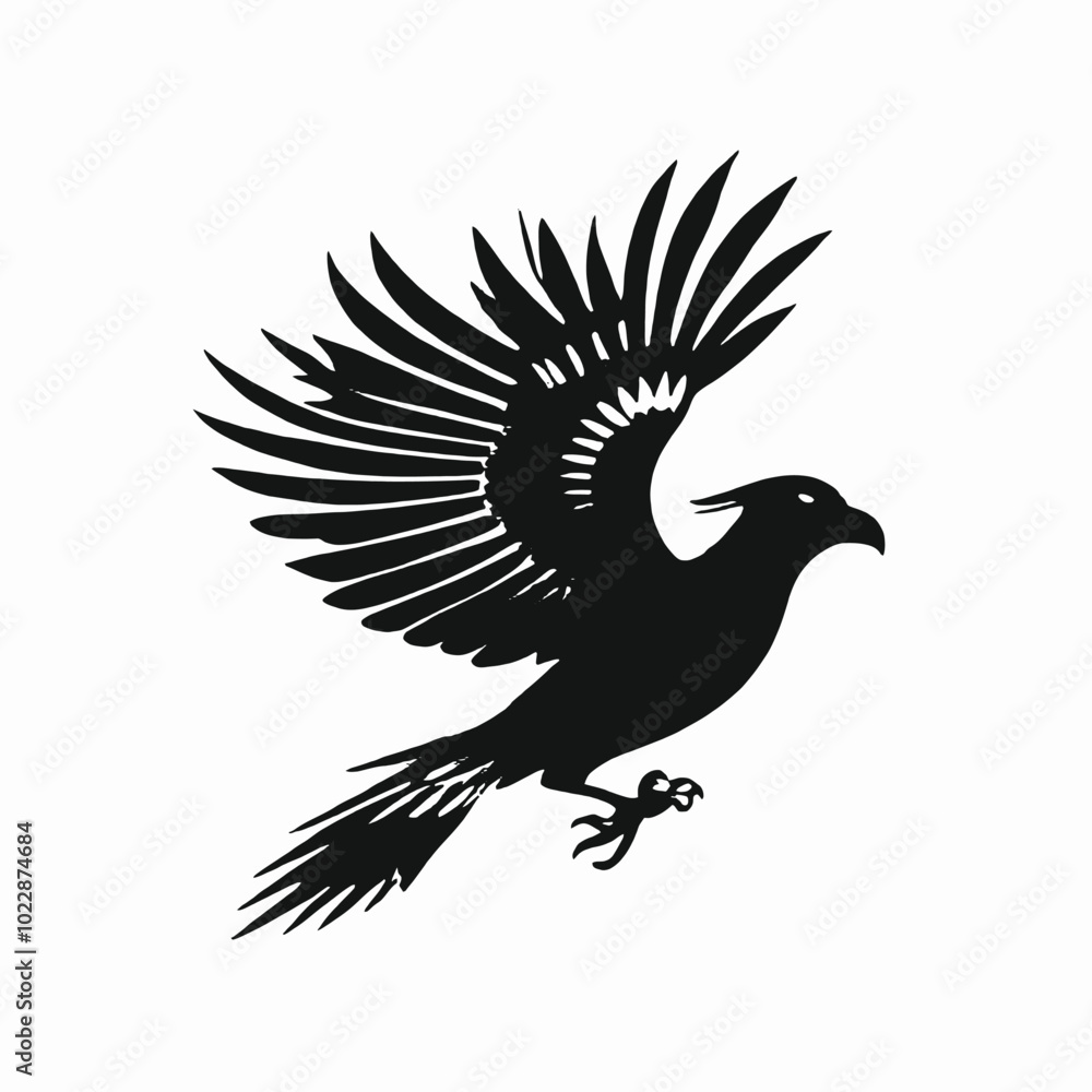 Obraz premium A black and white silhouette of a flying bird with outstretched wings 