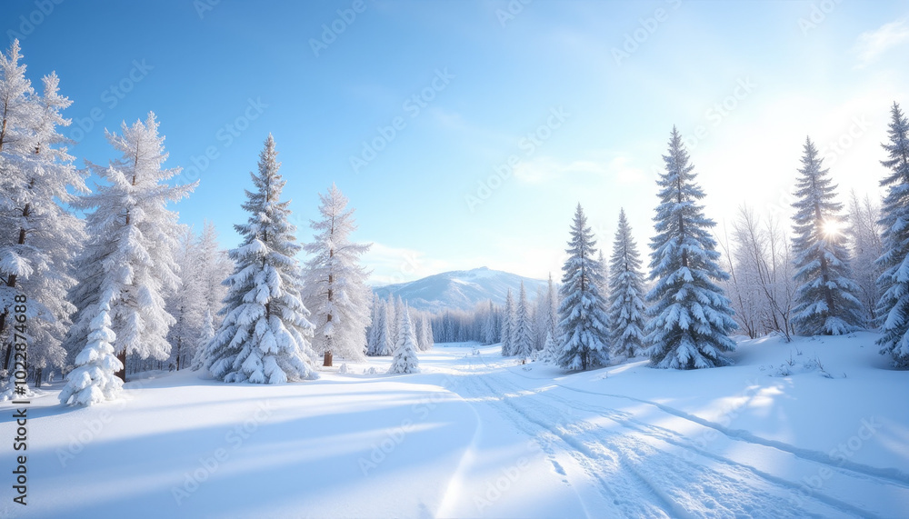 Naklejka premium Sunlit Snowy Landscape with Frosted Pine Trees
