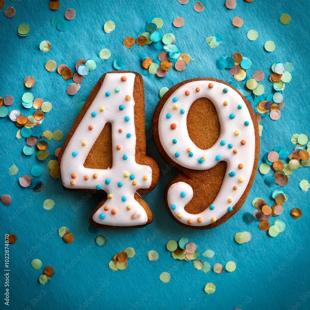 Decorated cookie, number 49, image for birthday or anniversary celebration Decorated cookie, number 49, image for birthday or anniversary celebration