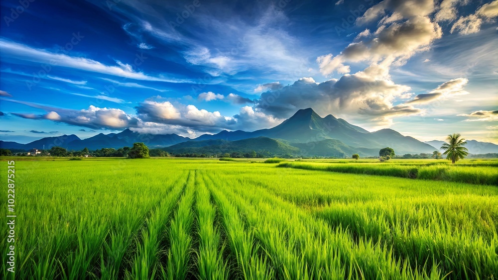 Serene Expanse of Lush Green Rice Paddy Fields Against a Majestic Mountain Range Under a Vivid Blue Sky Adorned With White Clouds Serene Expanse of Lush Green Rice Paddy Fields Against a Majestic Mountain Range Under a Vivid Blue Sky Adorned With White Clouds