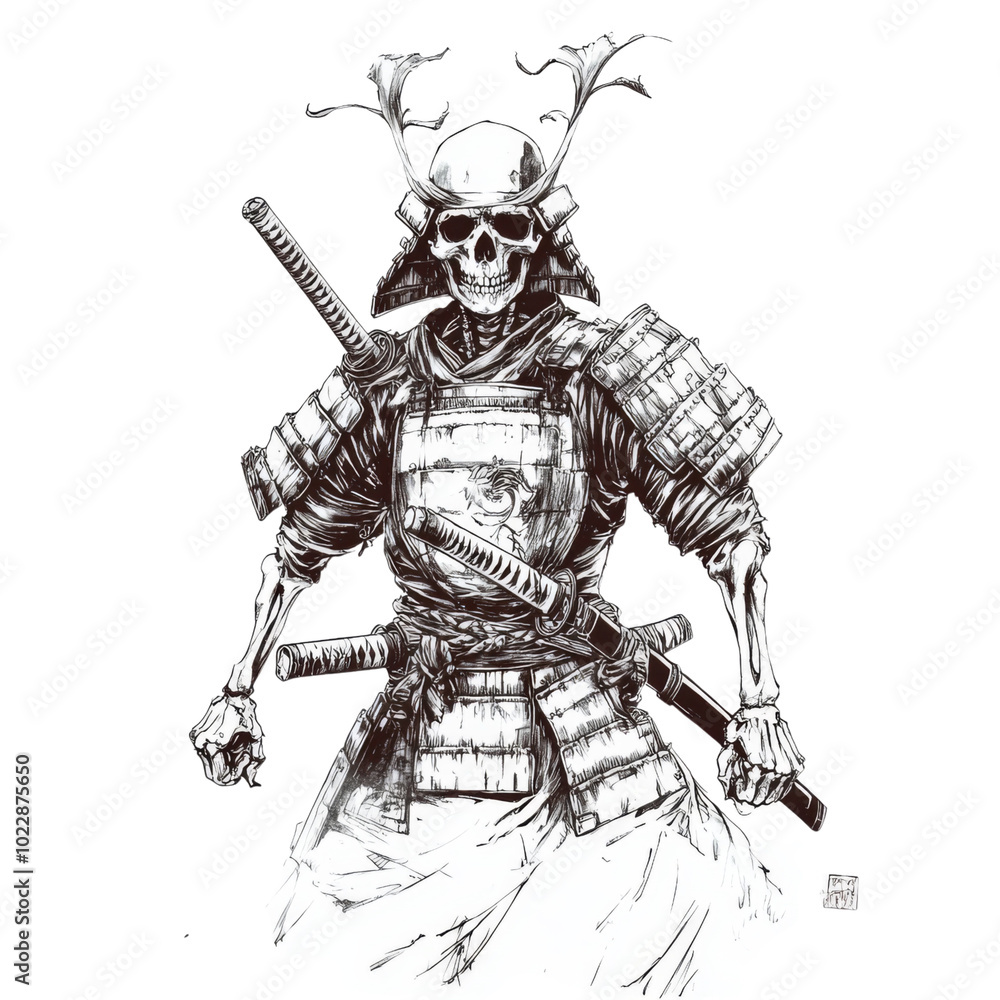 Obraz premium Skeletal Samurai A Black and White Artistic Exploration