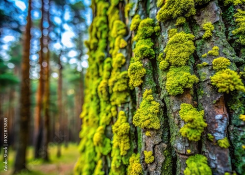 Vibrant Green Lichen Growth on Tree Bark in a Natural Forest Setting Showcasing Nature's Beauty