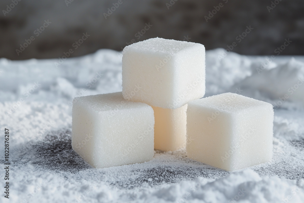 Three White Sugar Cubes on Powdered Sugar Three White Sugar Cubes on Powdered Sugar