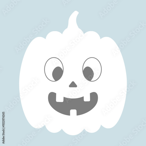 Pumpkin. White silhouette. Smiling grimace with teeth. Vector illustration. Isolated blue background. Flat style. Faded toothy vegetable. Halloween symbol. Idea for web design