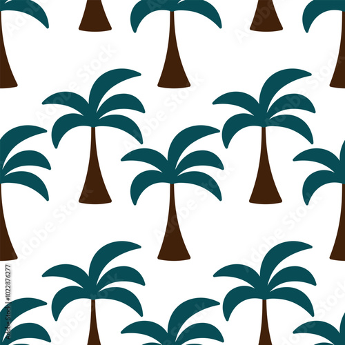 Palm tree. Seamless vector pattern. Isolated colorless background. Flat style. Repeating ornament of evergreen tropical trees. Exotic plant with large green leaves and mighty trunk.