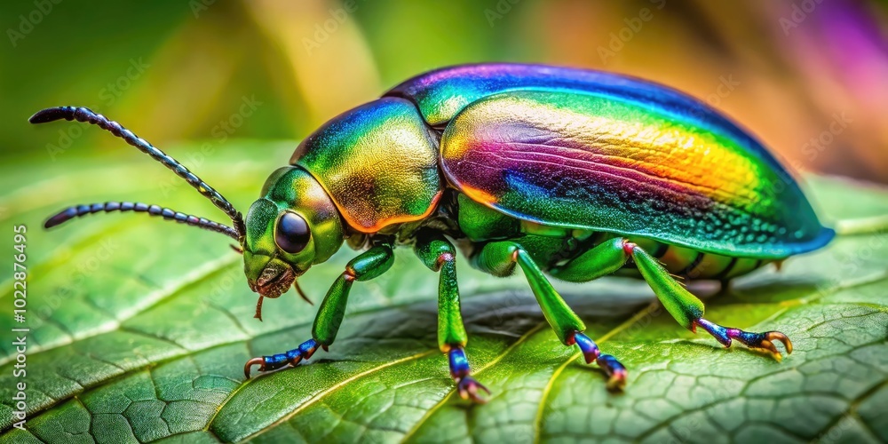 Vibrant Green Rainbow Beetle on Leaf Showing Nature's Colorful Insect Diversity in Close-up View Vibrant Green Rainbow Beetle on Leaf Showing Nature's Colorful Insect Diversity in Close-up View