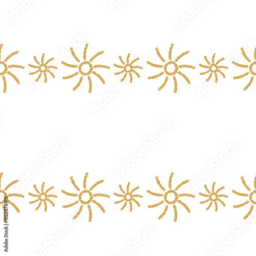 Sun of golden tinsel. Seamless horizontal border. Repeating vector pattern. Isolated colorless background. Endless golden ornament of sun rays. Plush sun. Idea for web design.
