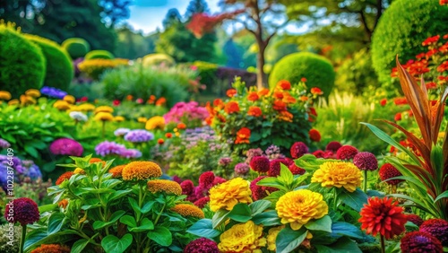 Vibrant Green Plants Growing in a Lush Garden Bed Surrounded by Colorful Flowers and Foliage