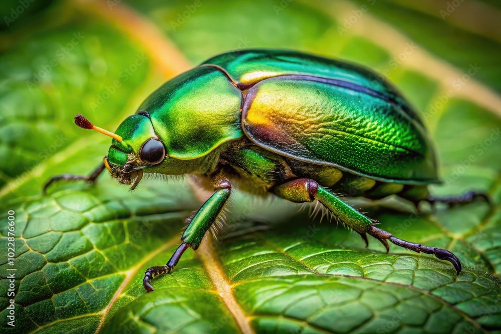 Vibrant Green Scarab Beetle Crawling on Leaf in Natural Habitat, Macro Photography of Insect Life