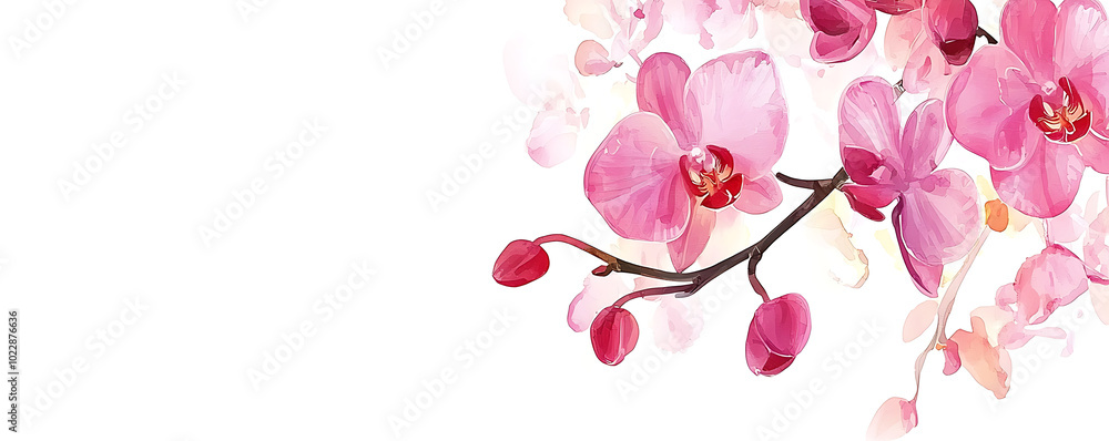 Fototapeta premium A delicate pink orchid branch with multiple blossoms is captured against a pure white background