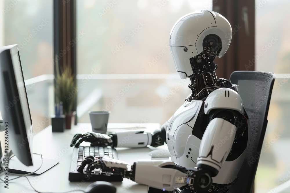 A humanoid robot sits at a sleek office desk, typing on a keyboard while a computer screen displays information, surrounded by natural light. A humanoid robot sits at a sleek office desk, typing on a keyboard while a computer screen displays information, surrounded by natural light.