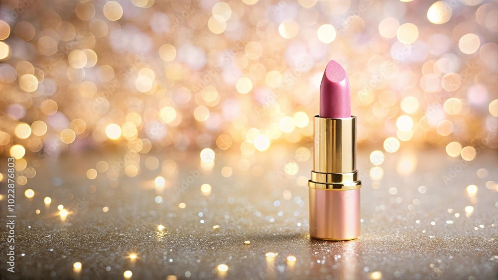 A single pink lipstick tube, standing upright, against a backdrop of shimmering golden bokeh, symbolizing the beauty and allure of a celebratory moment. A single pink lipstick tube, standing upright, against a backdrop of shimmering golden bokeh, symbolizing the beauty and allure of a celebratory moment.