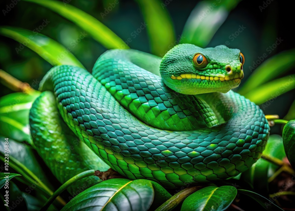 Vibrant Green Viper Snakes Coiled Amongst Lush Green Foliage in a Tropical Rainforest Environment Vibrant Green Viper Snakes Coiled Amongst Lush Green Foliage in a Tropical Rainforest Environment