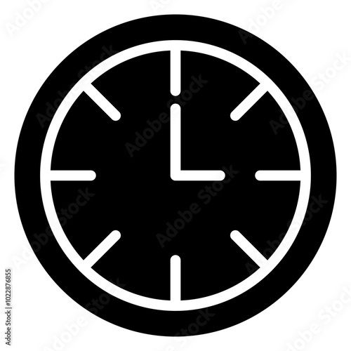 Clock Icon, Black And White Glyph Icon Symbol