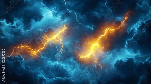 Explosive Lightning Flash Amid Dark Clouds Electric Yellow Cracks Sky