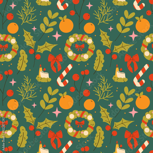 Christmas seamless pattern with fir branch, Christmas wreath, rowan tree