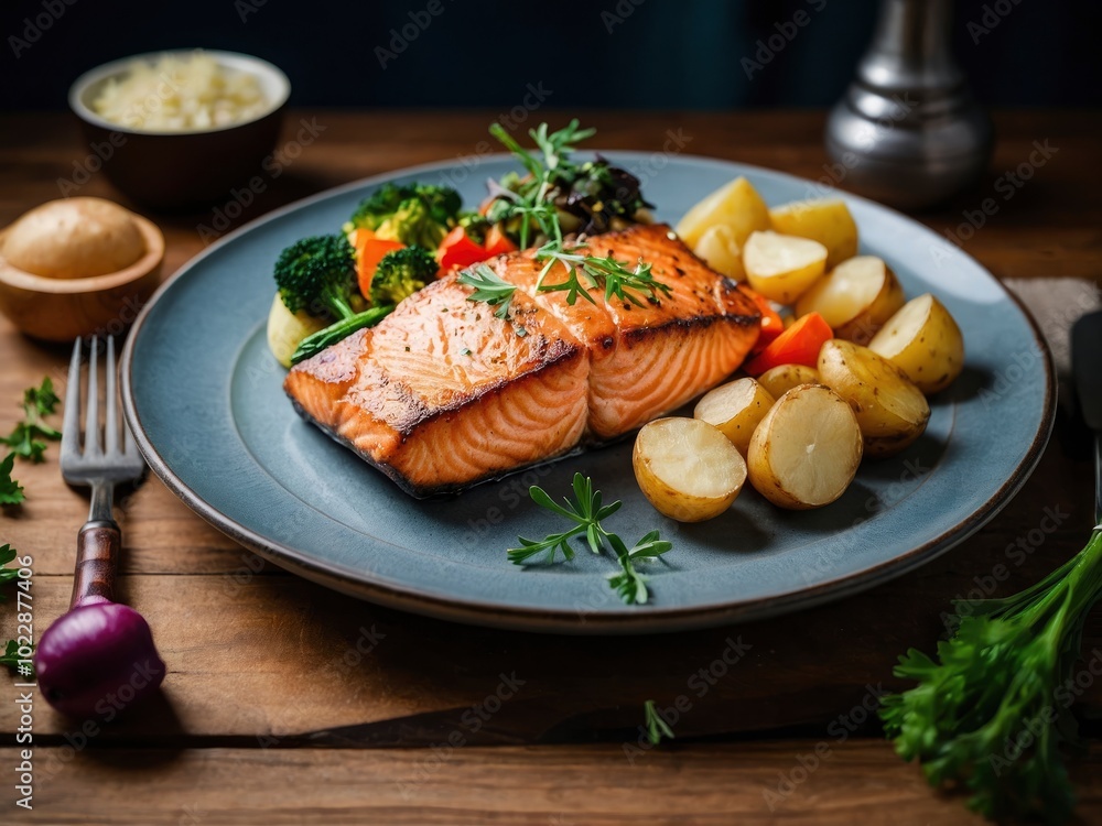 Fried salmon steak with potatoes and vegetables on wooden table. Tempting salmon entree served with potatoes and veggies Fried salmon steak with potatoes and vegetables on wooden table. Tempting salmon entree served with potatoes and veggies
