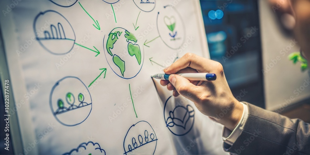 Close-up of a hand sketching a sustainable business model on a whiteboard with global economic elements
Close-up of a hand sketching a sustainable business model on a whiteboard with global economic elements