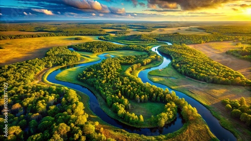 An Aerial View of a Meandering River Winding Through a Lush Forest, Bathed in the Golden Light of a Setting Sun