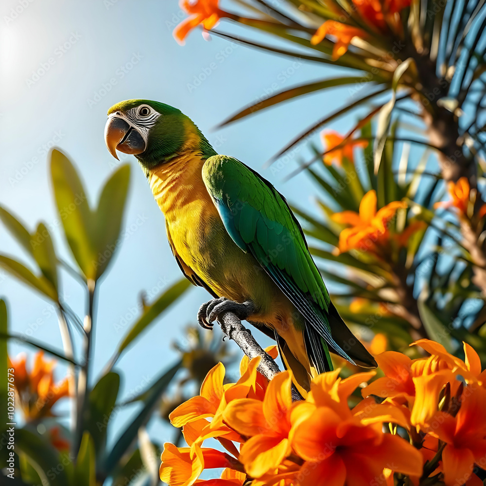Obraz premium A colorful tropical parrot perched on a tree branch with exotic plants in the background