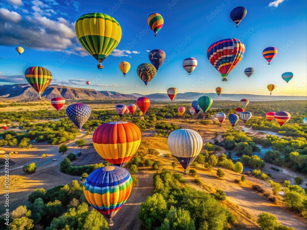 Fototapeta premium Vibrant Hot Air Balloons Soaring Over New Mexico Landscape at Annual Festival Celebrating Flight