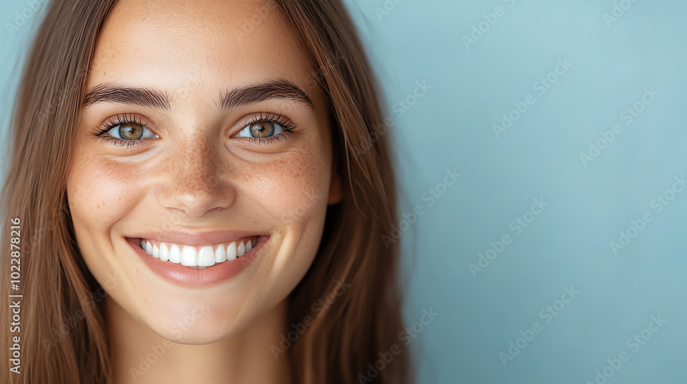 A young woman with long brown hair and a radiant smile, showcasing a warm and friendly expression against a soft blue background. A young woman with long brown hair and a radiant smile, showcasing a warm and friendly expression against a soft blue background.