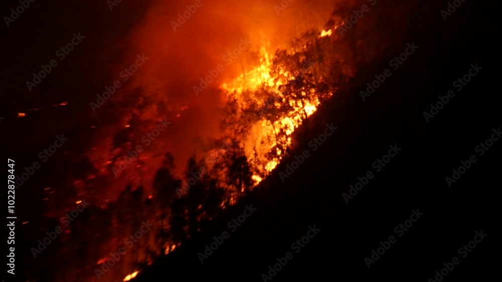 Wide angle shot of wildfire or forest fire burning natural habitat on a hill. Wide angle shot of wildfire or forest fire burning natural habitat on a hill.