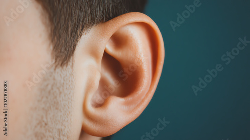 Close-up of a human ear showcasing details of the outer ear structure against a neutral background. photo