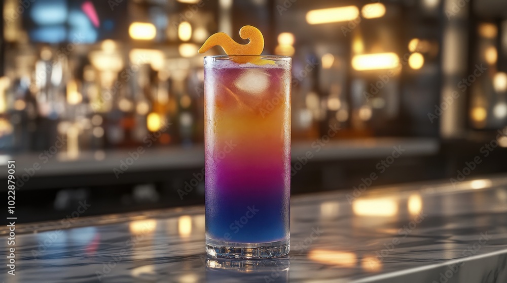 A vibrant cocktail with layers of color, garnished with a twist of orange, set at a bar. A vibrant cocktail with layers of color, garnished with a twist of orange, set at a bar.