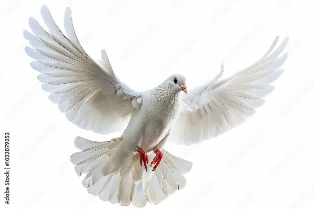 Obraz premium A striking white dove takes off gracefully, its wings fully spread and feathers detailed, creating a sense of movement and freedom in a bright atmosphere.