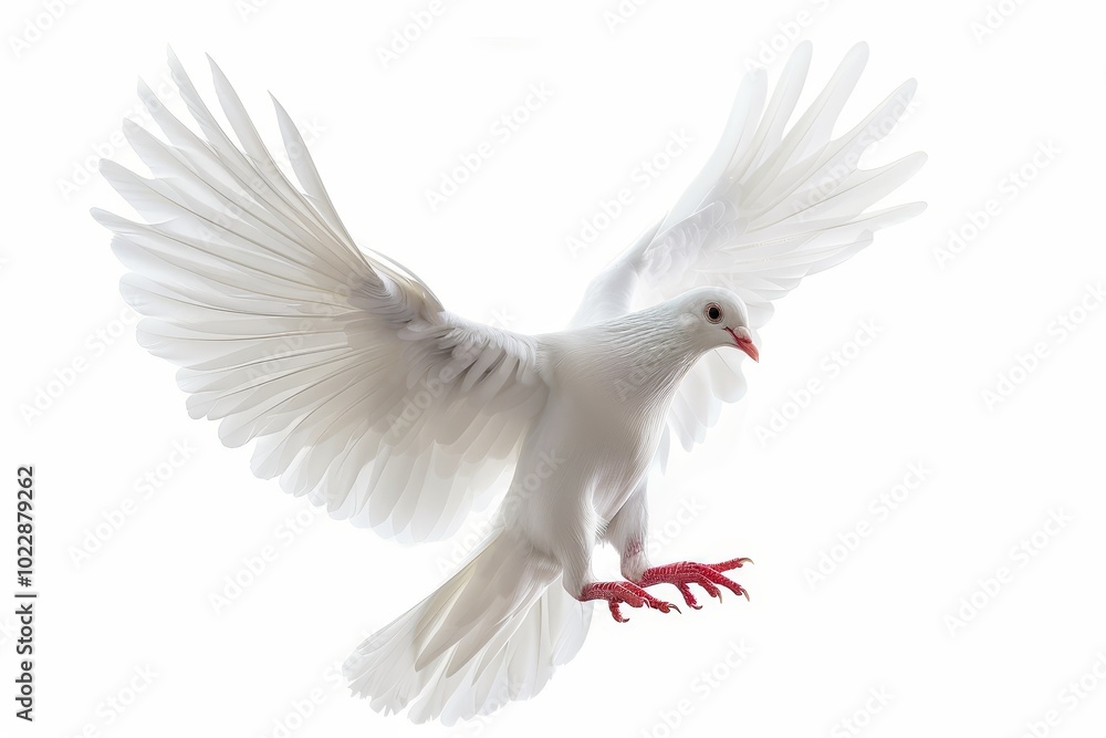 Obraz premium A white dove soars through the air with its wings widely spread, showcasing its elegant feathers and vibrant color, embodying a spirit of freedom and tranquility.