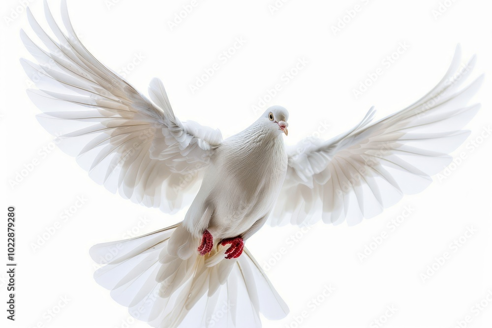 Obraz premium A white dove takes to the air, its wings elegantly spread wide. The bright background highlights the dove's intricate feathers and vivid red feet, creating a peaceful atmosphere.