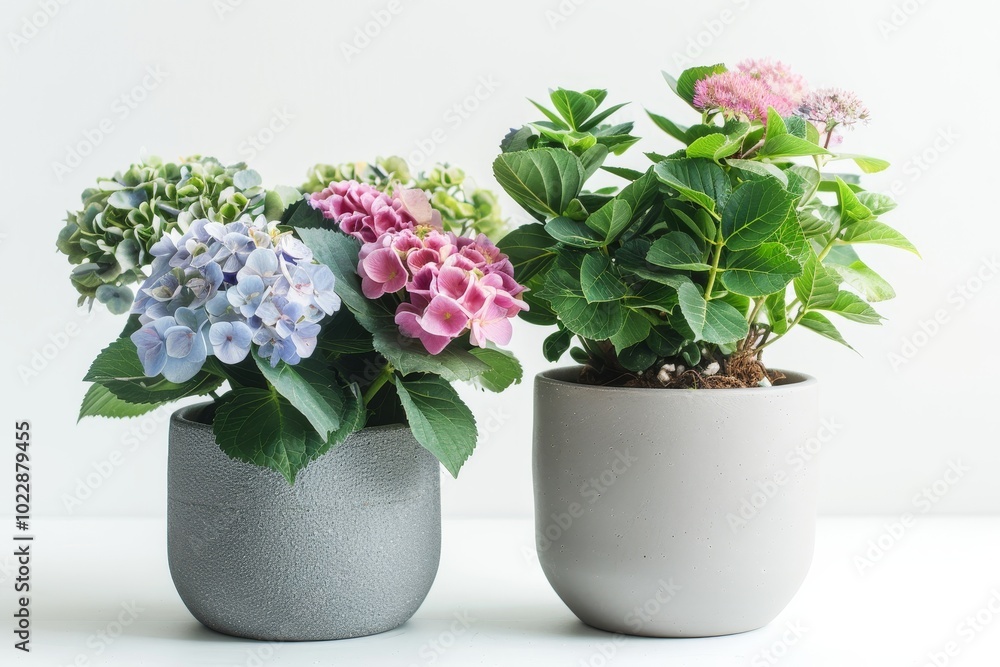 These beautiful hydrangea plants in shades of blue and pink, alongside a lush succulent, add a vibrant touch to the indoor setting with their decorative pots. These beautiful hydrangea plants in shades of blue and pink, alongside a lush succulent, add a vibrant touch to the indoor setting with their decorative pots.