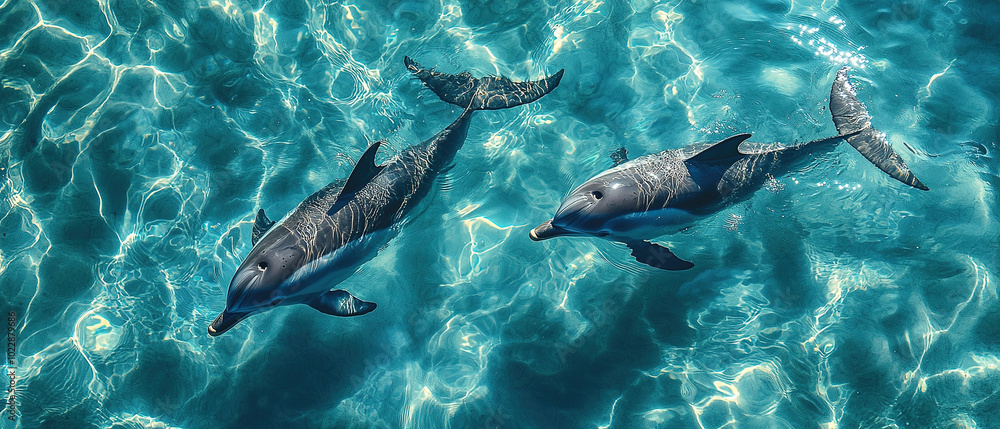 Obraz premium Two Dolphins Swimming in Clear Water 
