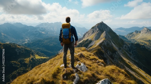 Adventurer on Mountain Ridge under Open Sky