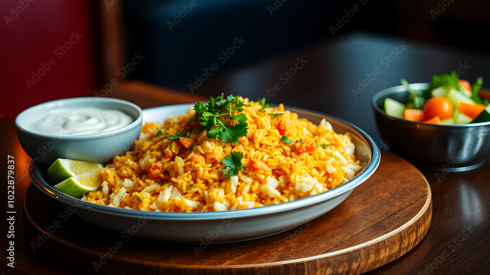 A beautifully plated motton biryani with fragrant rice, garnished with coriander, served with a bowl of creamy raita and a fresh cucumber-tomato salad on the side A beautifully plated motton biryani with fragrant rice, garnished with coriander, served with a bowl of creamy raita and a fresh cucumber-tomato salad on the side