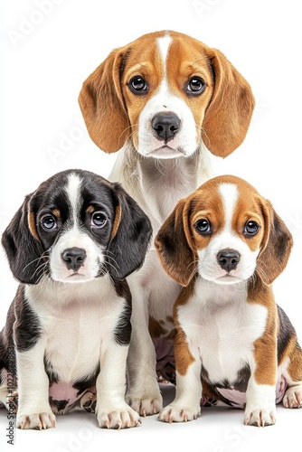 A family of Beagles, isolate on white background, showcasing their joyful interactions and fluffy appearances.