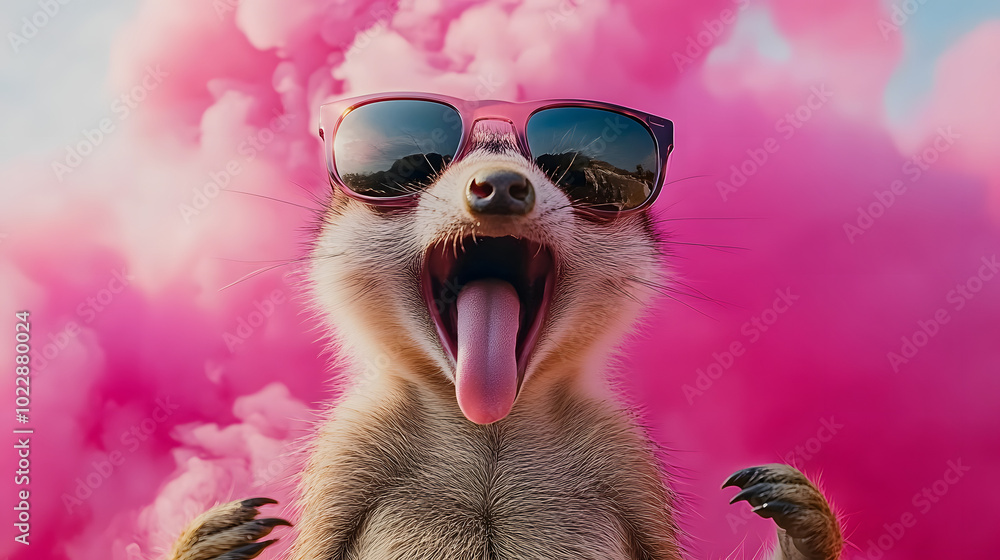 Meerkat wearing sunglasses with mouth open and tongue out in front of pink smoke cloud Meerkat wearing sunglasses with mouth open and tongue out in front of pink smoke cloud