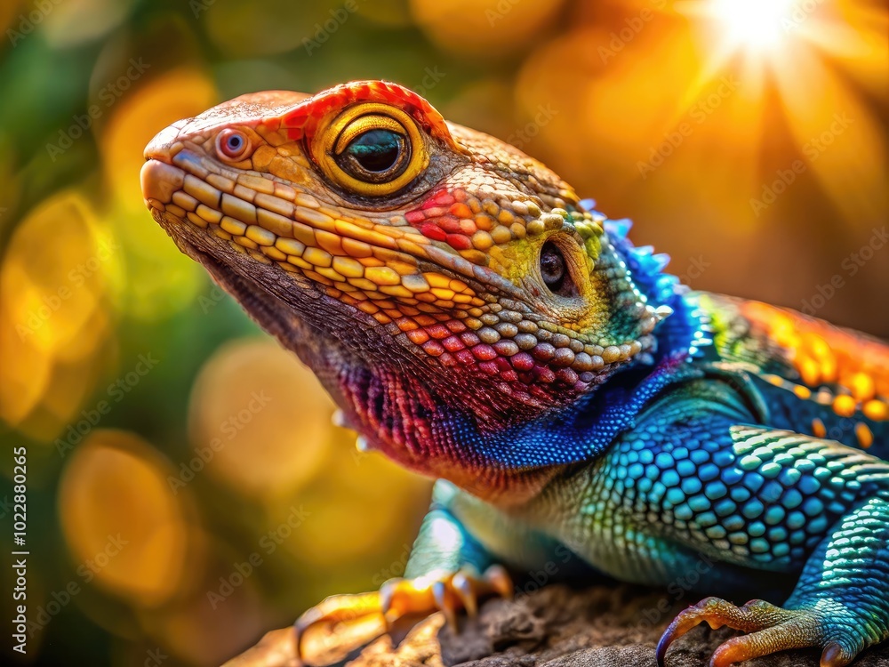 Fototapeta premium Vibrant Lizard Displaying Colorful Scales in Natural Habitat Under Bright Sunlight in Close-Up Shot